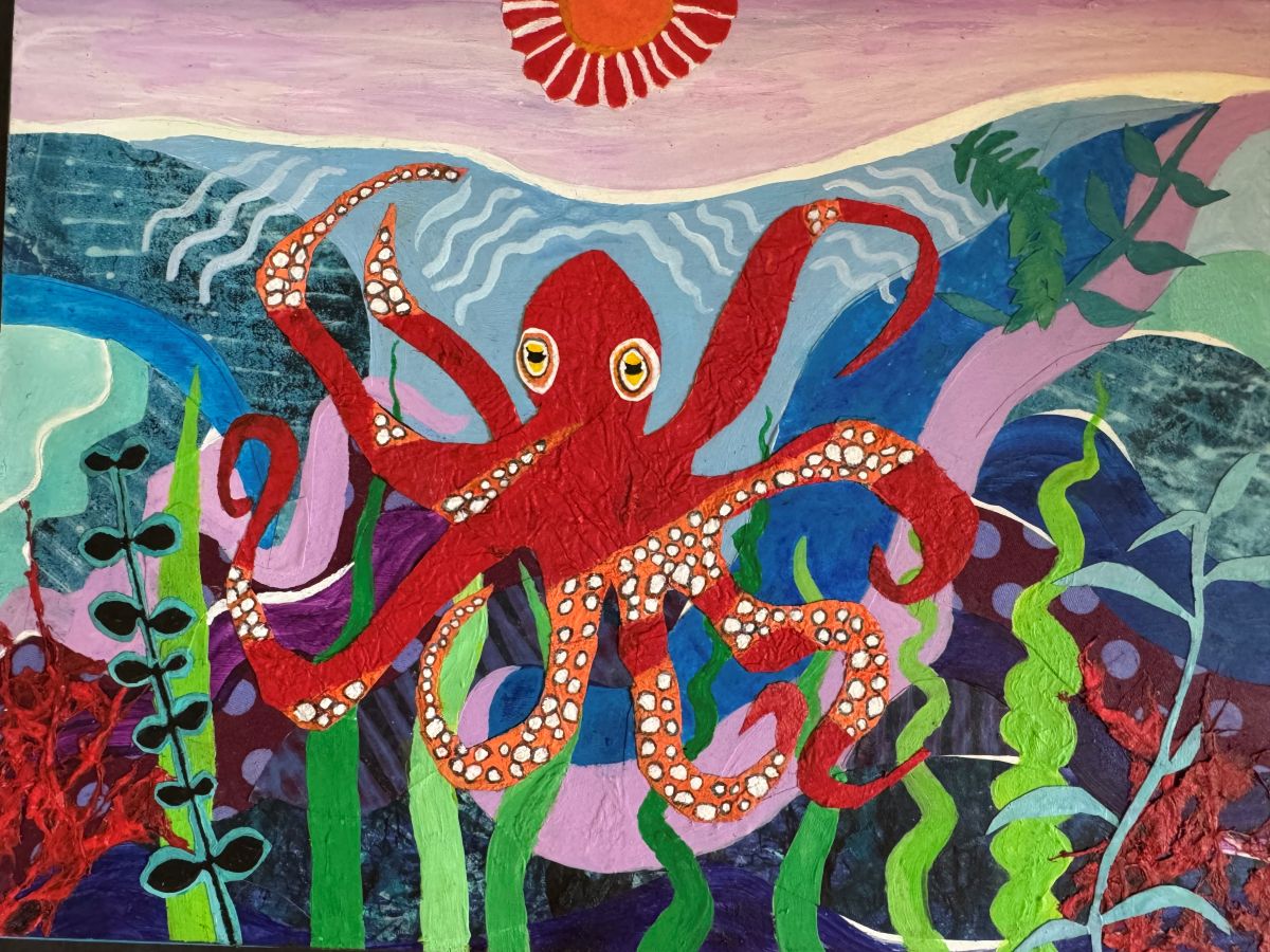O is for Octopus, Mixed Media, 9” x 12”